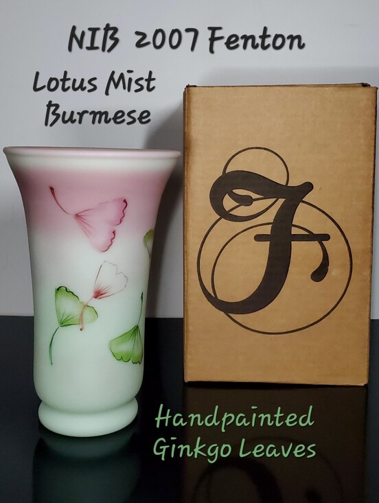 Fenton Other - NIB Fenton Lotus Mist Burmese Ginkgo Leaves Hand Painted Vase Signed 8.5" 2007